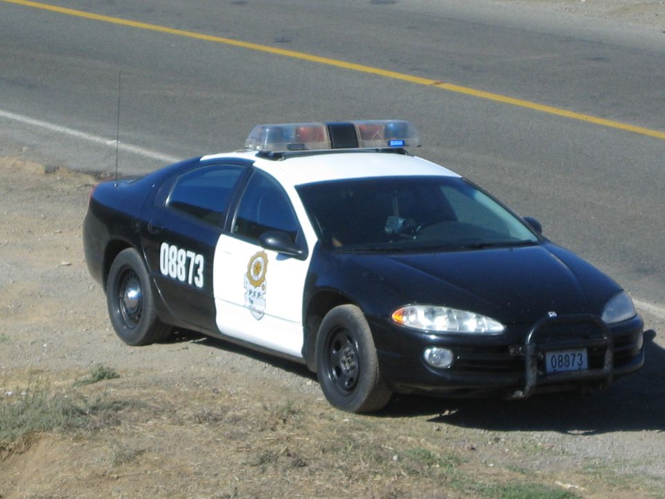 Black and white police car numbered 08873 parked on a roadside shoulder