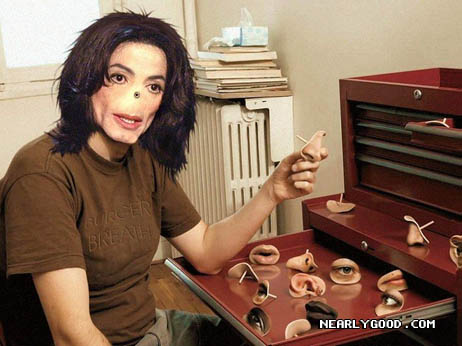 1989 Ford Bronco - A person with Michael Jackson's face is shown selecting a prosthetic nose from a toolbox filled with various facial features.