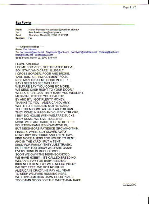 1986 Ford Bronco - This is a scanned email document with text about immigration and welfare policies.