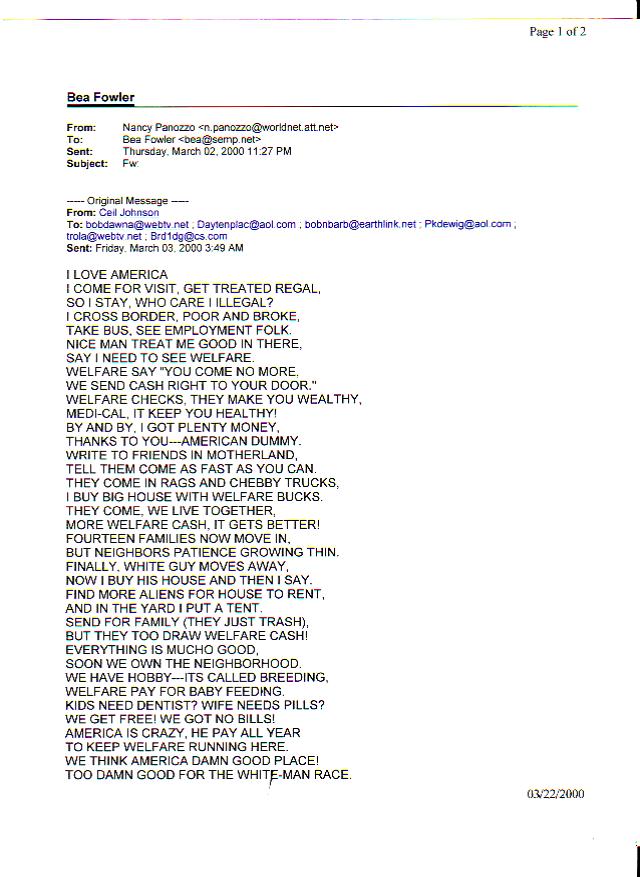 Email with text about America and welfare