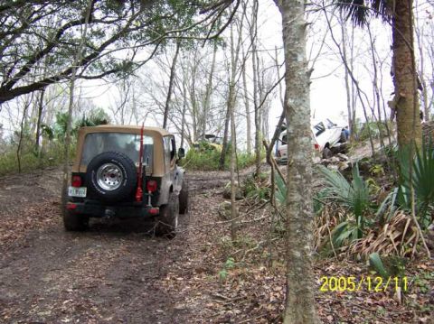 1989 Ford Bronco - Multiple vehicles navigate a wooded, off-road trail on a cloudy day.