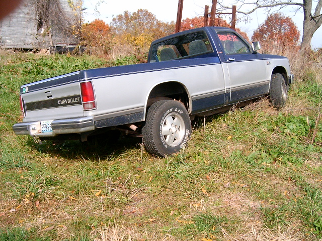 Two-tone silver and blue Chevrolet S-10 pickup parked in a grassy field, rear three-quarter view