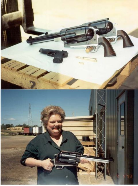 1988 Ford Bronco - A woman poses with a massive revolver, while a separate image displays several firearms laid out on a table.