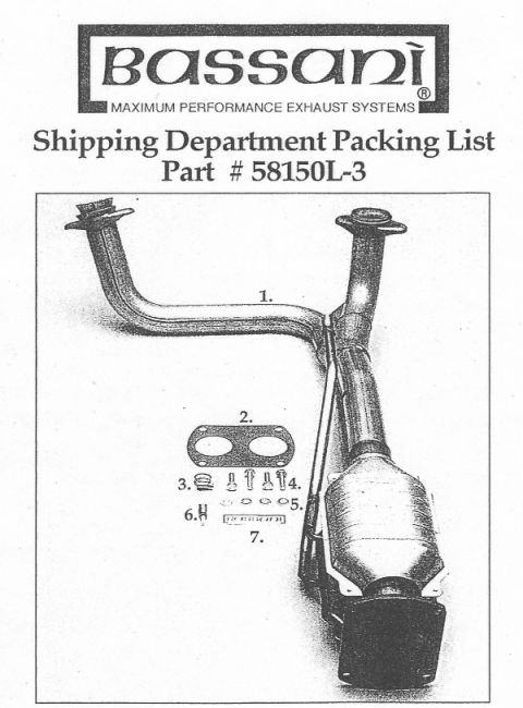 1986 Ford Bronco - A scanned Bassani "Maximum Performance Exhaust Systems" shipping department packing list for part #58150L-3, showing a numbered exploded di…