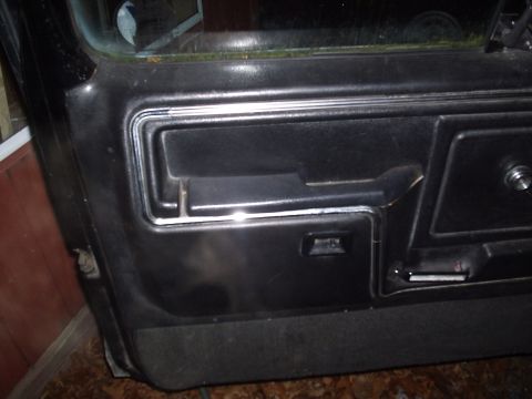 1981 Ford Bronco - Close-up of a car's interior door panel, showing black upholstery and chrome accents.