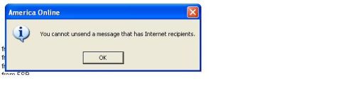 1993 Ford Bronco - An America Online error dialog box informs the user that messages sent to Internet recipients cannot be recalled.
