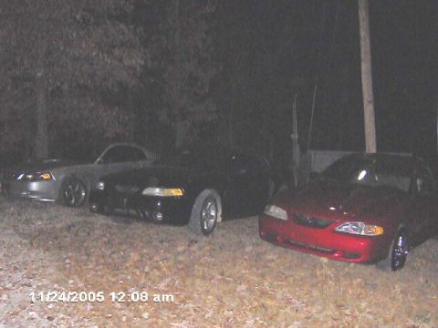 1996 Ford Mustang - Three Ford Mustangs, including a red one in the foreground, are parked outside at night.
