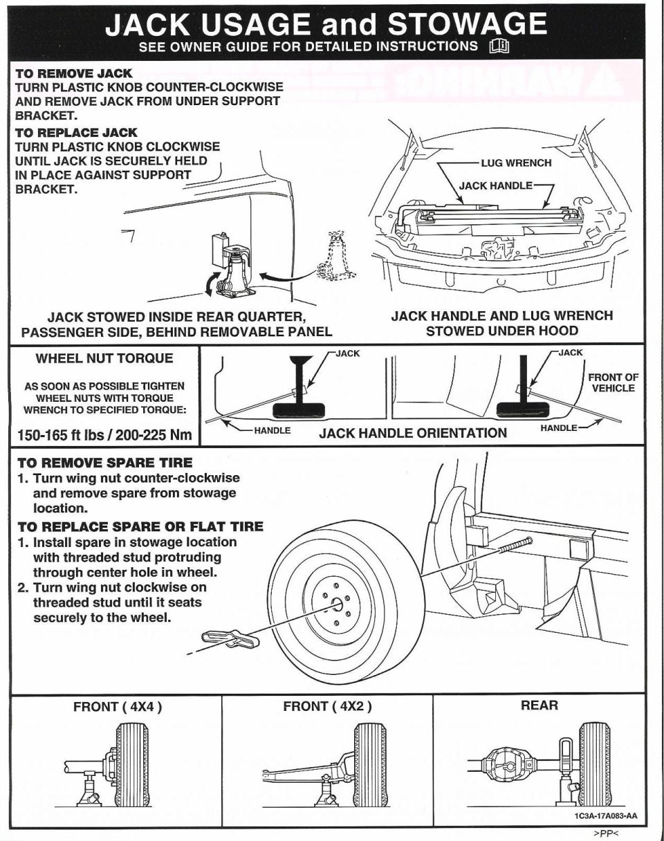 Jack usage and stowage decal with jack, spare tire and lift point diagrams and 150-165 ft lbs wheel nut torque