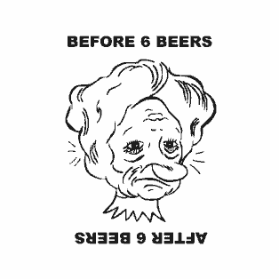 1989 Ford Bronco - This drawing depicts a woman's face before and after consuming six beers, illustrating a dramatic change in appearance.