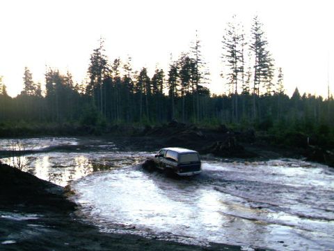 1987 Ford Bronco II - A van navigates through a muddy, water-filled terrain with a dense forest behind it.