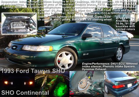 1993 Ford Taurus - 1993 Ford Taurus SHO sedan with custom modifications and inset photos detailing various aspects of the vehicle.