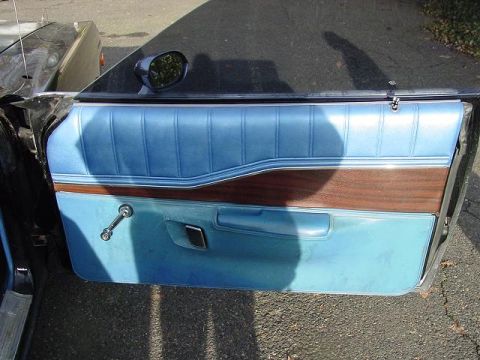1993 Ford Bronco - Interior view of a car door panel with blue vinyl and woodgrain trim.
