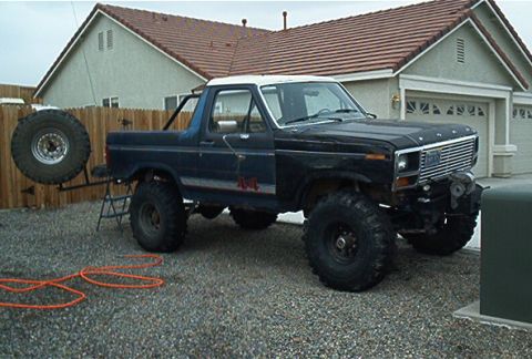 1986 Ford Bronco - This 1986 Ford Bronco features a dark blue exterior, white top, and a spare tire mounted on a rear rack.