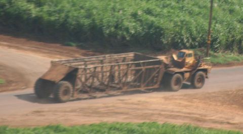 1979 Ford Bronco - A yellow truck cab tows a large, open-frame agricultural trailer along a rural road bordered by greenery.