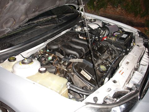 1995 Ford Taurus - The engine compartment of a car is visible with the hood raised, revealing various mechanical parts and fluids.