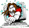 1989 Ford Bronco - A humorous illustration depicts a man breaking out of a computer screen while typing.