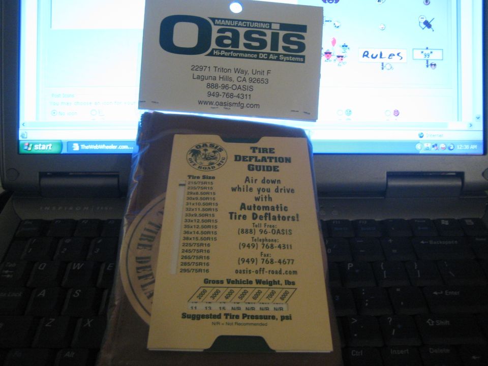 Oasis tire deflation guide card with tire size to PSI pressure chart
