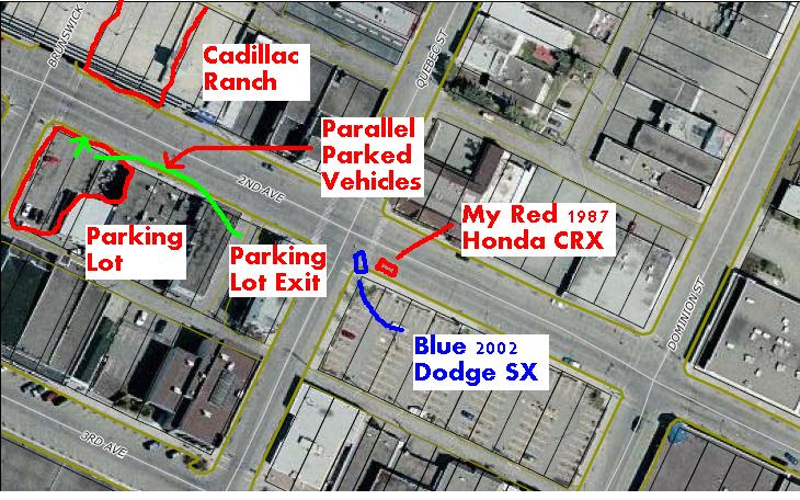 Annotated aerial map diagramming positions of a red Honda CRX and blue Dodge SX on city streets