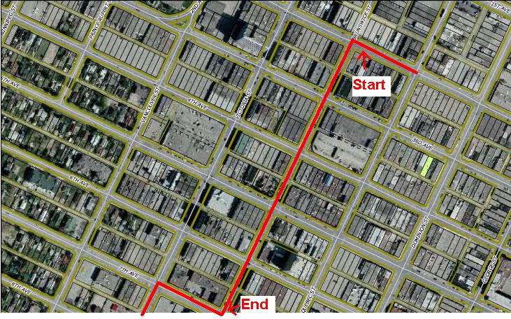 Aerial map with red route line marked Start and End through city streets