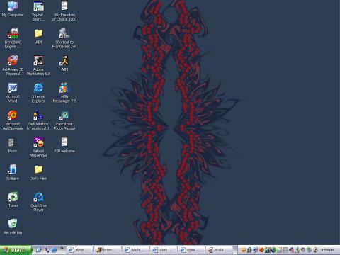 1995 Ford Bronco - A screenshot of a Windows XP desktop displays various application icons and a stylized wallpaper with a symmetrical red and blue pattern.