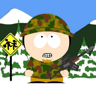 1994 Ford Probe - A cartoon soldier in camouflage stands with a rifle next to a school crossing sign in a snowy landscape.