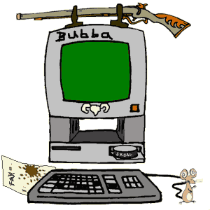 1968 Ford Mustang - A cartoon depicts a computer setup a rifle mounted overhead and a mouse interacting with the keyboard.