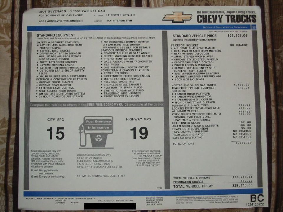 2003 Chevrolet Silverado LS 1500 window sticker listing options and $29,375 total price