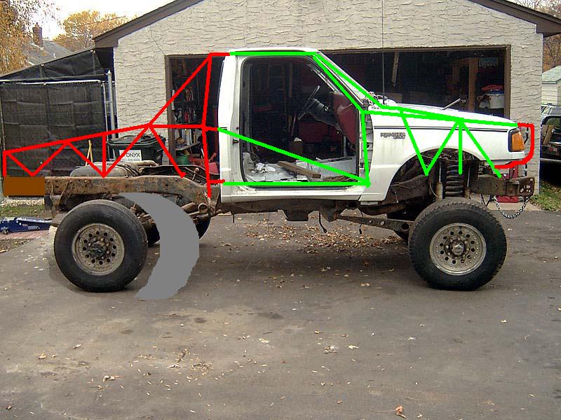 White pickup truck chassis with red and green roll cage outlines, parked in driveway