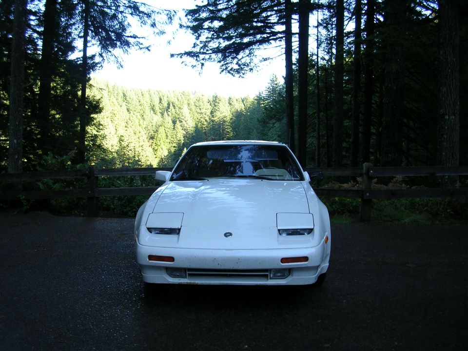 White Nissan 300ZX front view on wet pavement at wooden-rail forest overlook