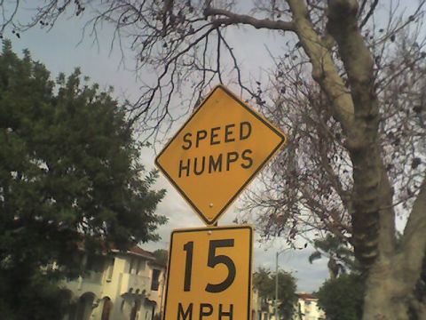 1990 Ford Bronco - yellow diamond SPEED HUMPS sign above a 15 MPH plate stands among trees on a residential street.
