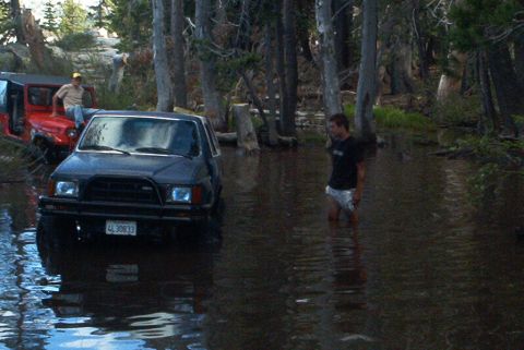 1999 Jeep Grand Cherokee - Two off-road vehicles are seen partially submerged in water amidst trees.