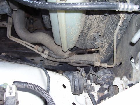 1992 Ford Bronco - Close-up view of engine bay components, including hoses and a horn, with a white fender visible.