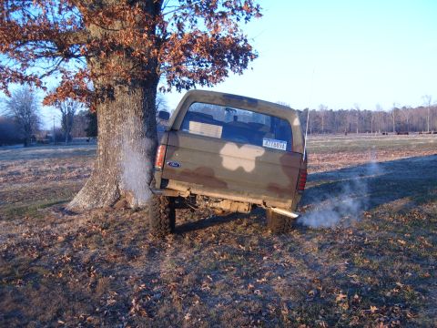 1988 Ford Bronco - A 1988 Ford Bronco is stuck against a large tree, with smoke coming from the exhaust.