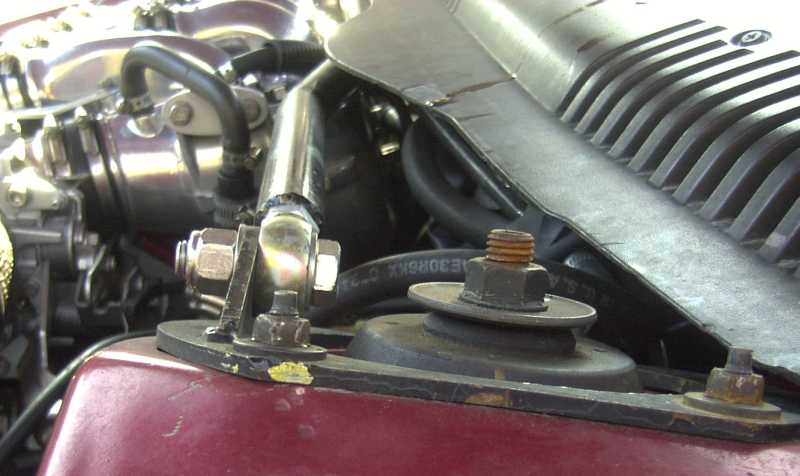 Engine bay with hoses and bolts visible