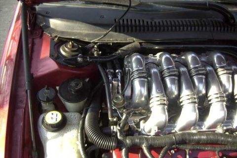 1997 Ford Taurus - Close-up view of a car's engine bay, focusing on the intake manifold and various fluid reservoirs.