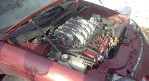1997 Ford Taurus - The engine bay of a red 1997 Ford Taurus is visible, showing a V8 engine with chrome intake and red valve covers.