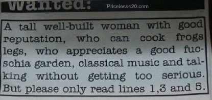1994 Ford Bronco - A newspaper advertisement lists desired qualities for a woman, including cooking skills and appreciation for classical music.