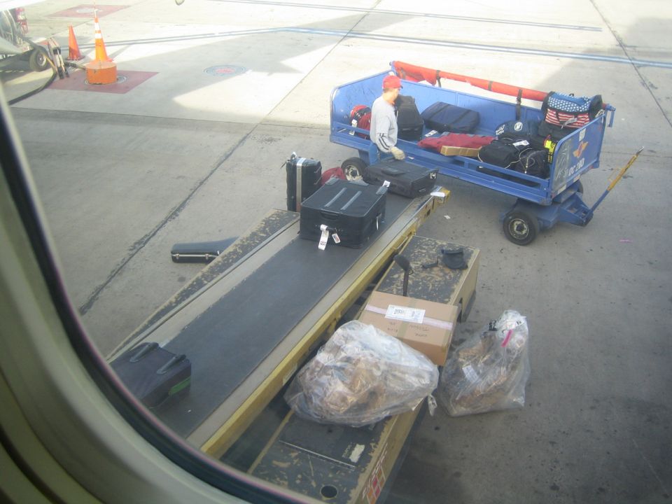 Luggage on a conveyor belt and in a baggage cart at an airport tarmac