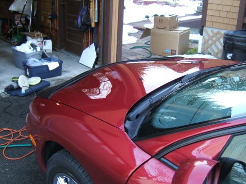 1998 Ford Taurus - A red 1998 Ford Taurus is partially visible, showing its hood and windshield with water droplets, possibly after washing.
