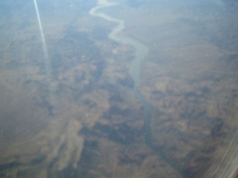 1968 Ford Mustang - An aerial perspective captures a meandering river flowing through a desolate, arid terrain.