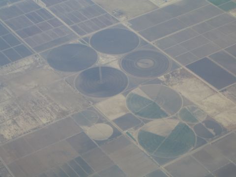 1968 Ford Mustang - Agricultural landscape from above, highlighting the geometric patterns created by center pivot irrigation systems.