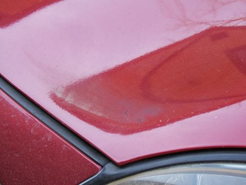 1998 Ford Taurus - Detail of a red car's hood, showing paint texture and a section of trim.