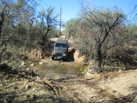 1968 Ford Mustang - A Jeep Wrangler navigates a water crossing on a dry, wooded trail under a clear blue sky.