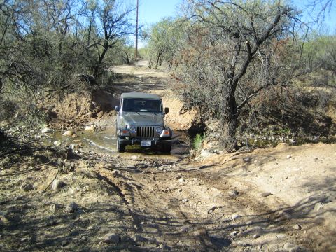 1968 Ford Mustang - Jeep Wrangler navigates a rough dirt path and shallow water crossing in a wooded area.
