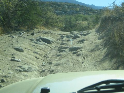 1968 Ford Mustang - The vehicle is navigating a rough, unpaved path through a dry, arid landscape.
