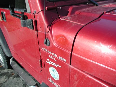 1998 Jeep TJ - Close-up of the driver's side door of a red Jeep Wrangler showing the 'Wrangler 4.0L Sport' badging.