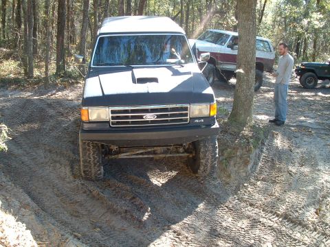 1995 Ford Bronco - A black 1995 Ford Bronco is seen off-road with other vehicles in the background.