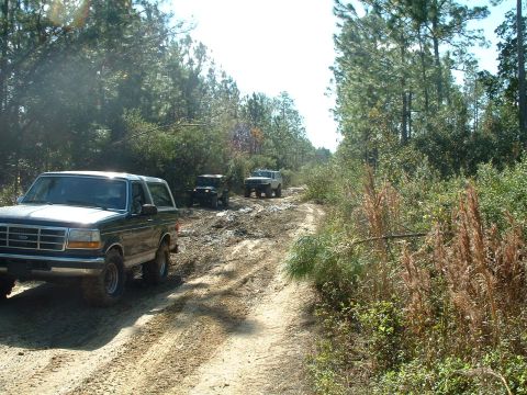 1995 Ford Bronco - Multiple SUVs navigate a challenging dirt path through a wooded area.