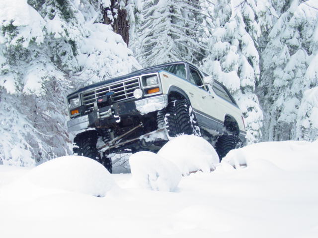 White 1980s Ford Bronco with large tires driving through snow
