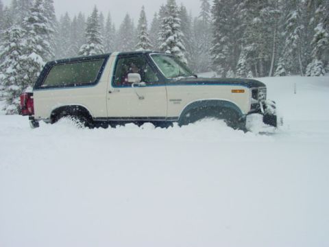 1986 Ford Bronco - A white and blue Ford Bronco struggles in a snow-covered landscape with trees in the background.